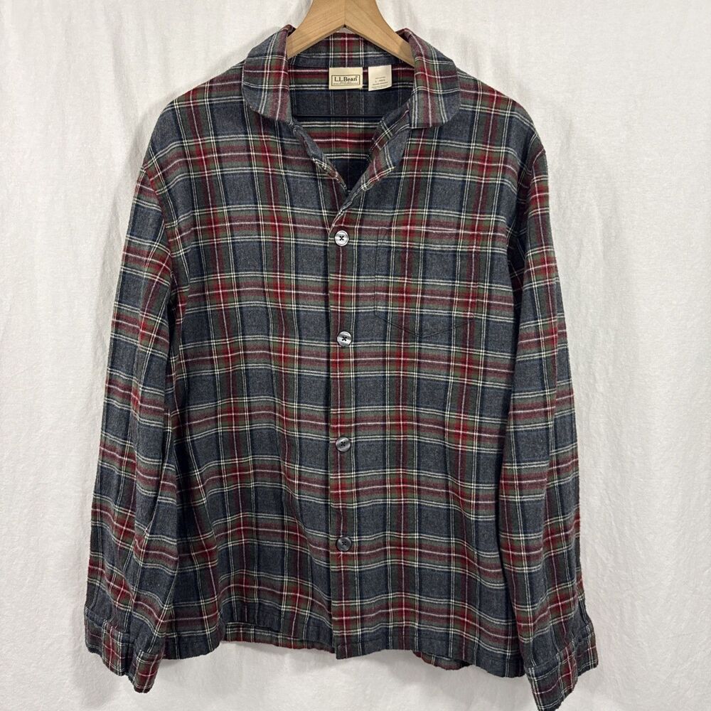 LL Bean Men’s Scotch Plaid Button Pajama Shirt Sz L Cotton Lounge Festive